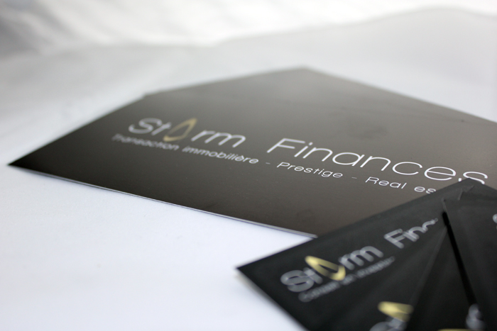 Gros plan sur le logo Storm Finances, transaction immobilière et prestige
