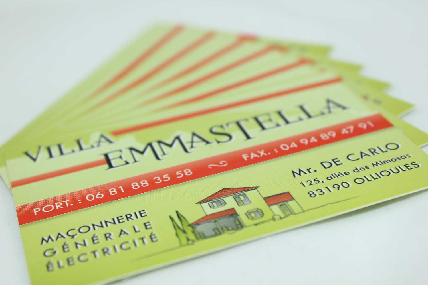 Cartes de visite Villa Emmastella, maçonnerie générale et électricité, en éventail